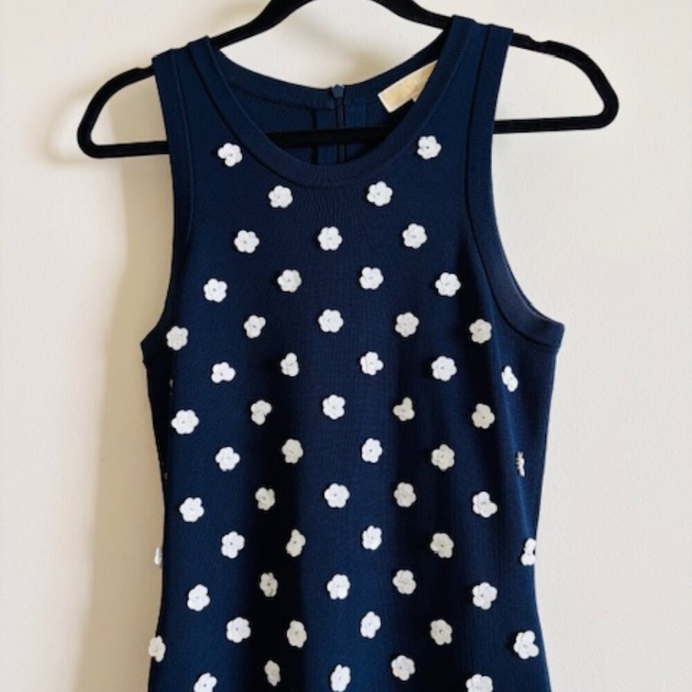 Michael Kors Navy 3D White Sequins Floral Embellished Knit Dress Medium - Picture 3 of 6